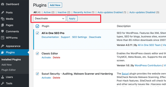 Deactivate all plugins