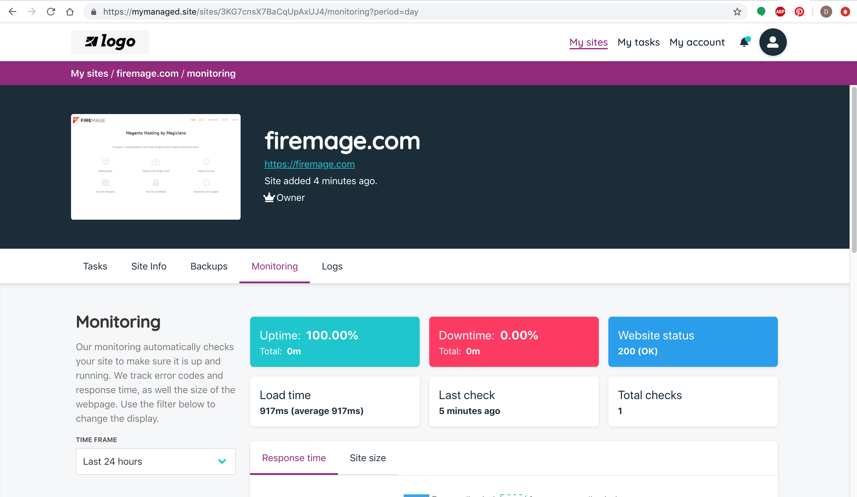 Whitelabel client dashboard showing site monitoring under your own brand